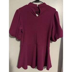 Ashley Stewart Raspberry Peplum Top Mock Neck Puff Sleeve Blouse 10/12